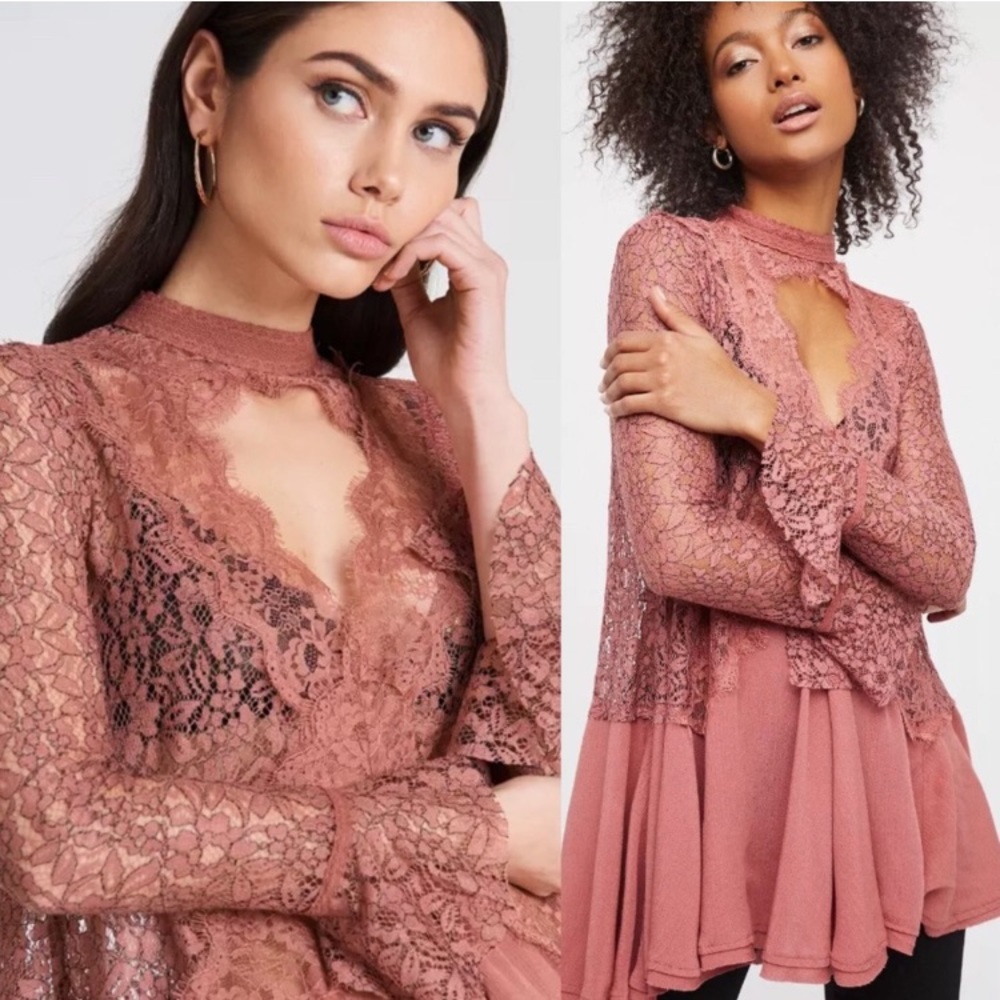 Free People Mini Dress Lace Boho Tunic Dusty Rose